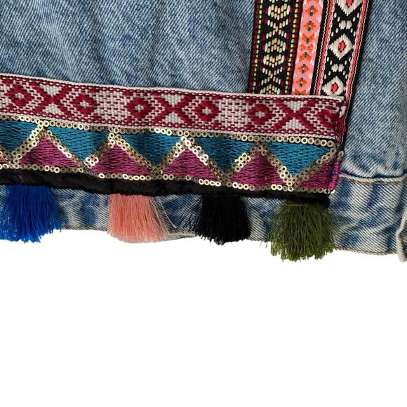 Denim Co Embroidered Denim Jean Jacket Fringe Boho Festival size 6 Sequins - Picture 3 of 10